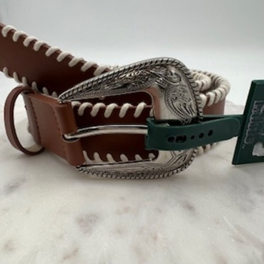 Wild Fable Women Brown Western Whipstitch Belt Silver Engraved Buckle Medium NEW - Picture 2 of 8